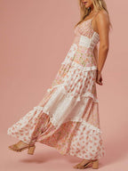 Retro Floral Print Patchwork Maxi Dress